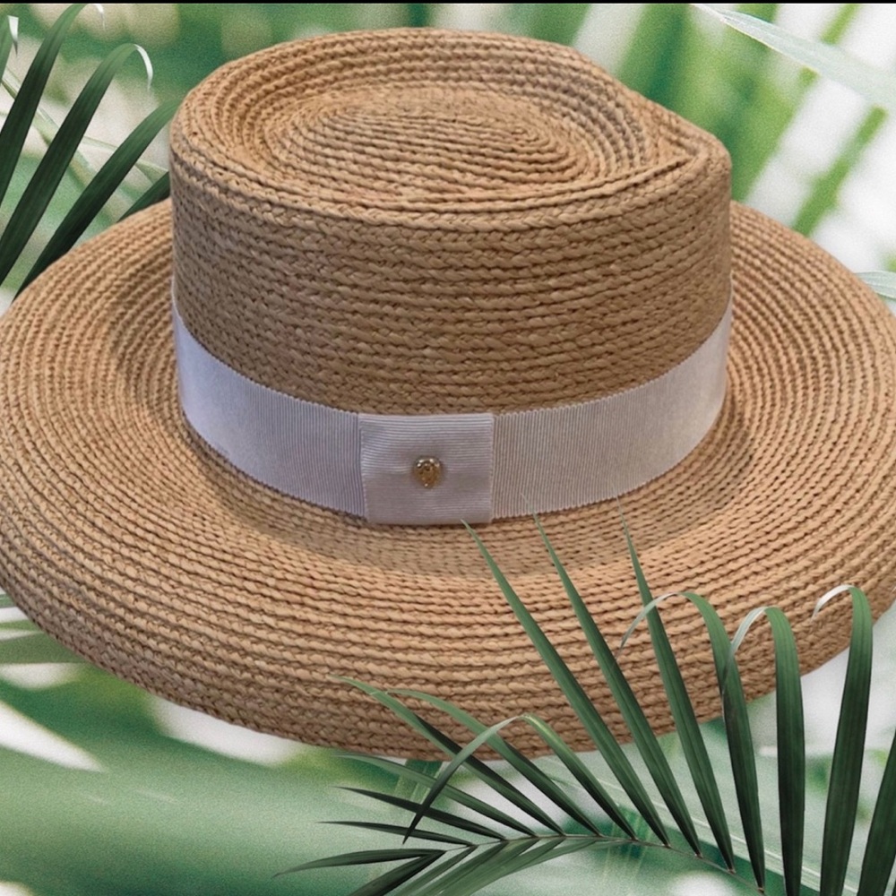 Helen Kaminski Stylish Tan Straw Hat with White Band